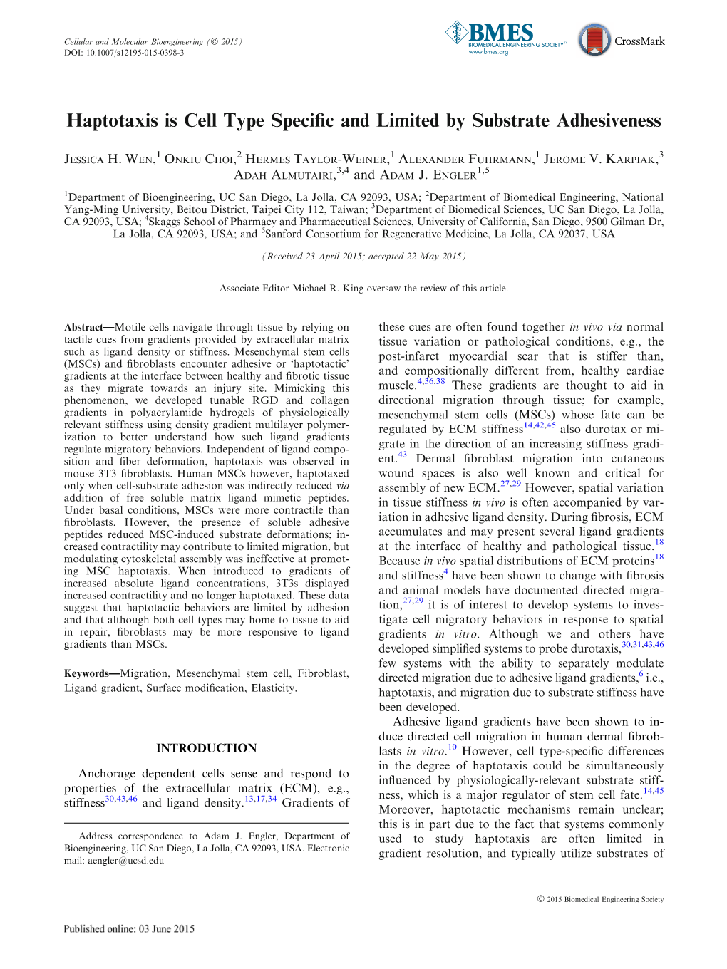 Haptotaxis Is Cell Type Specific and Limited by Substrate Adhesiveness