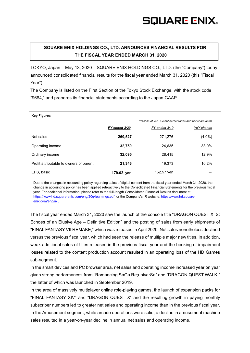 Press Release for Fiscal Year Ended March 31, 2020