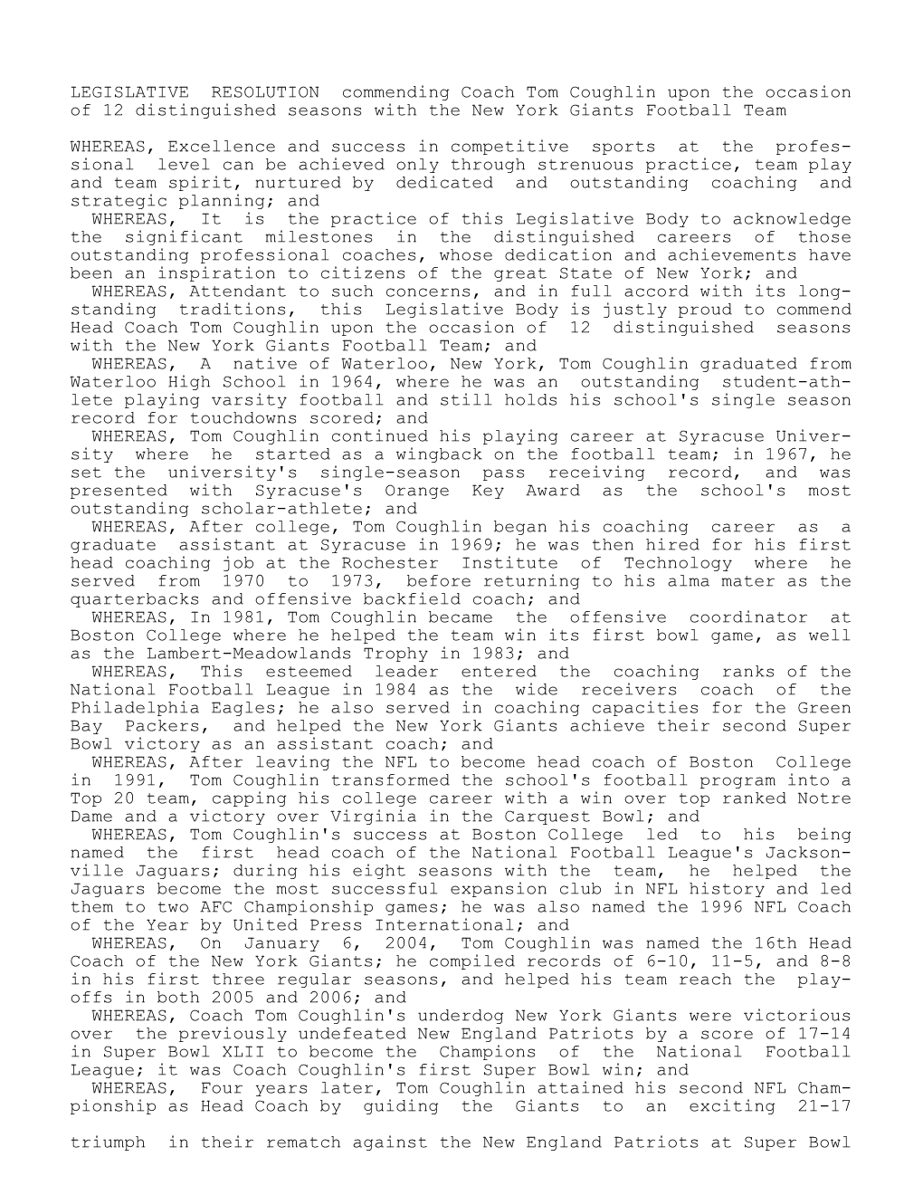 LEGISLATIVE RESOLUTION Commending Coach Tom Coughlin Upon the Occasion of 12 Distinguished Seasons with the New York Giants Football Team