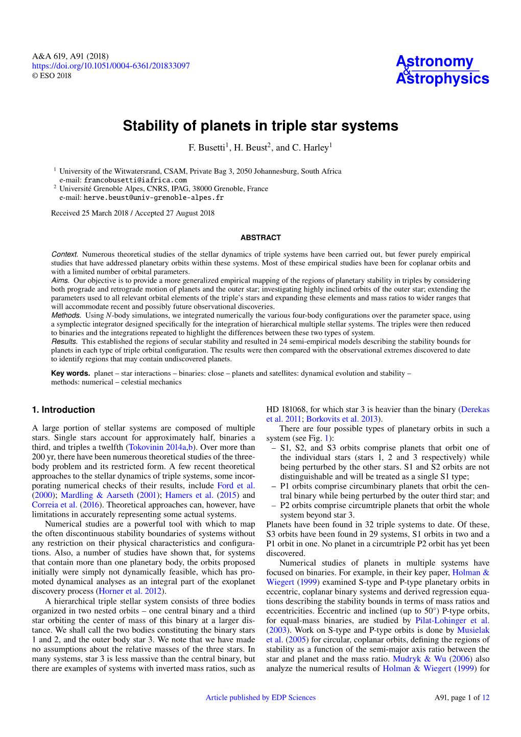 Stability of Planets in Triple Star Systems F