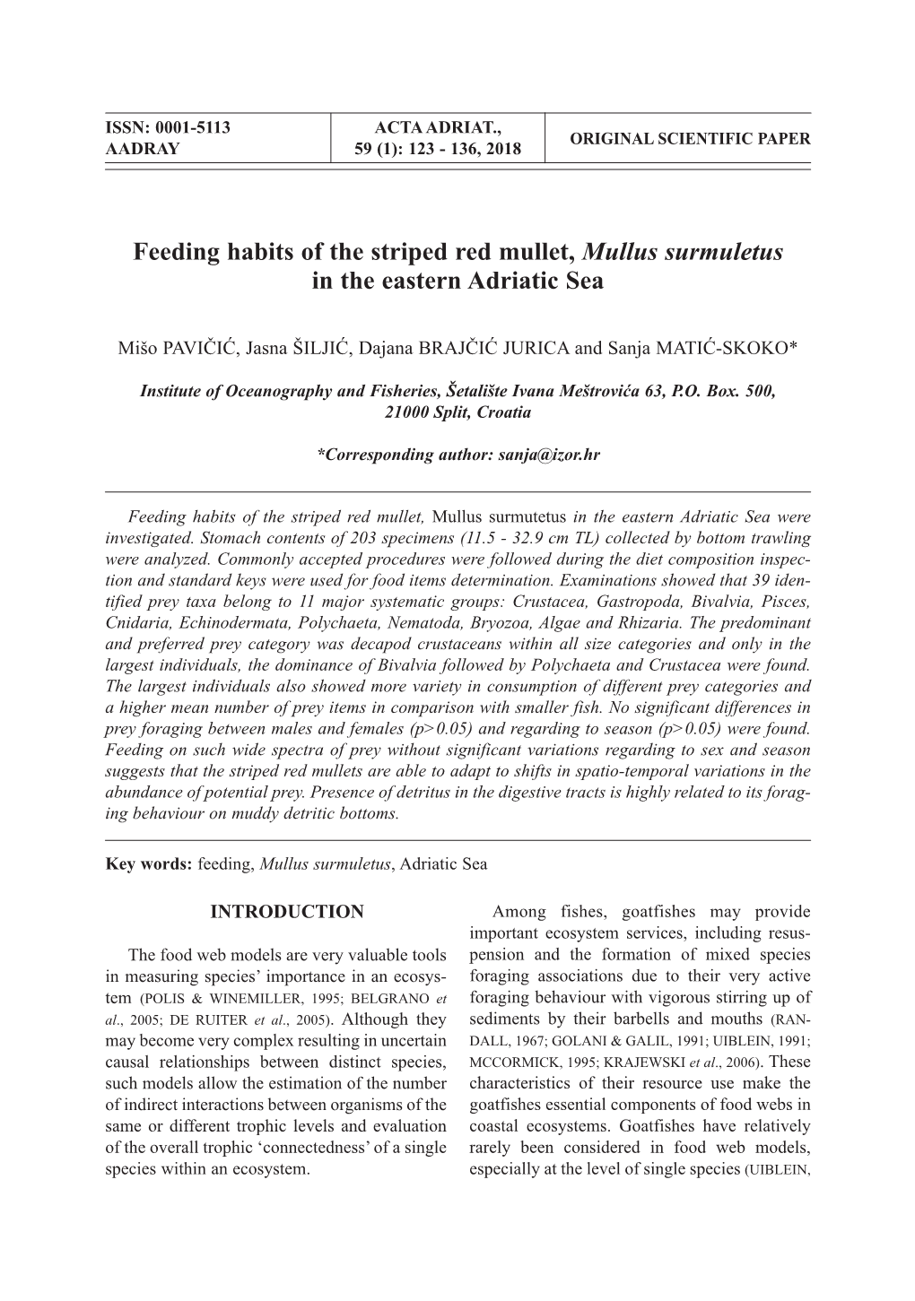 Feeding Habits of the Striped Red Mullet, Mullus Surmuletus in the Eastern Adriatic Sea