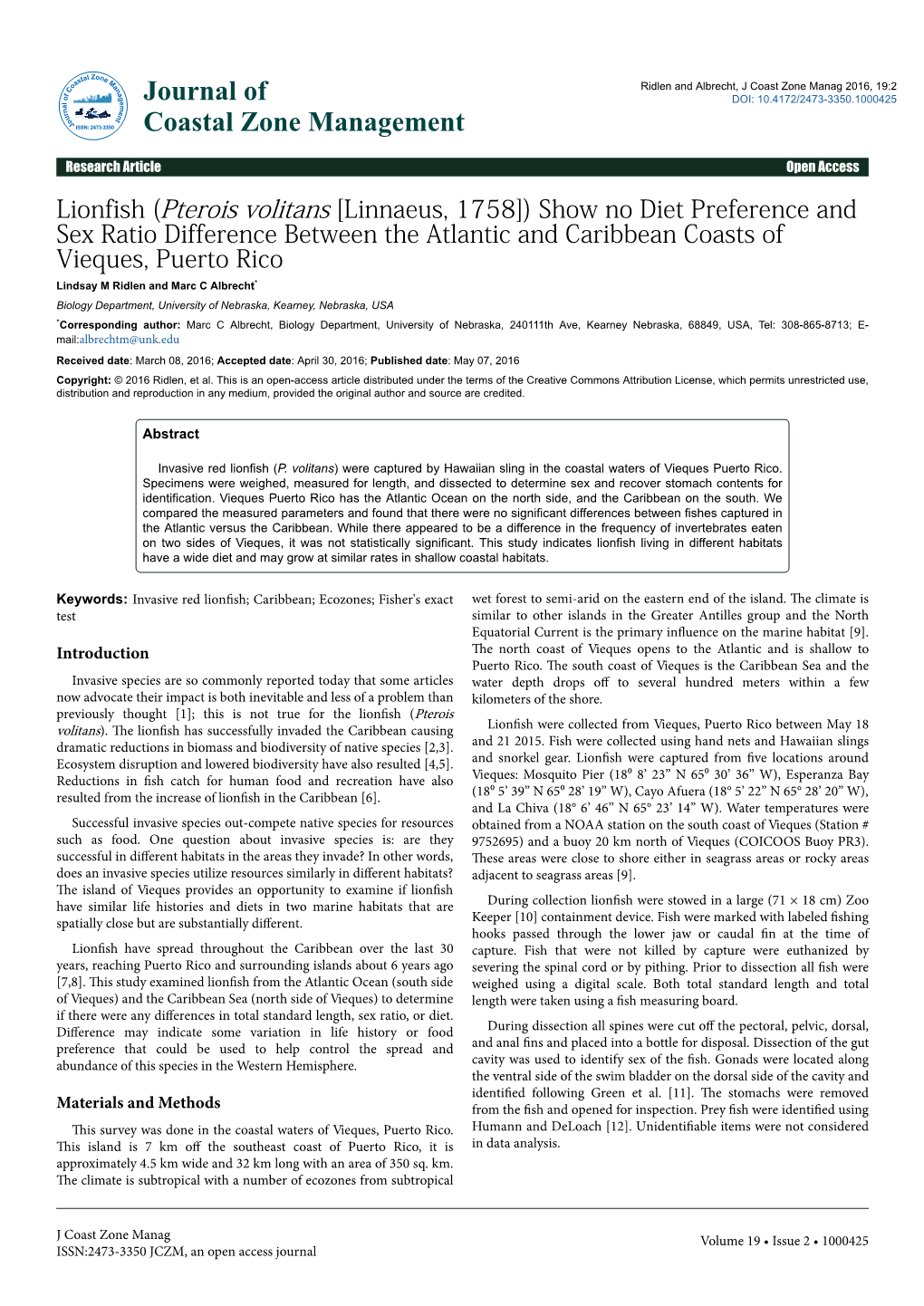 Lionfish (Pterois Volitans [Linnaeus, 1758]) Show No Diet Preference and Sex Ratio Difference Between the Atlantic and Caribbean