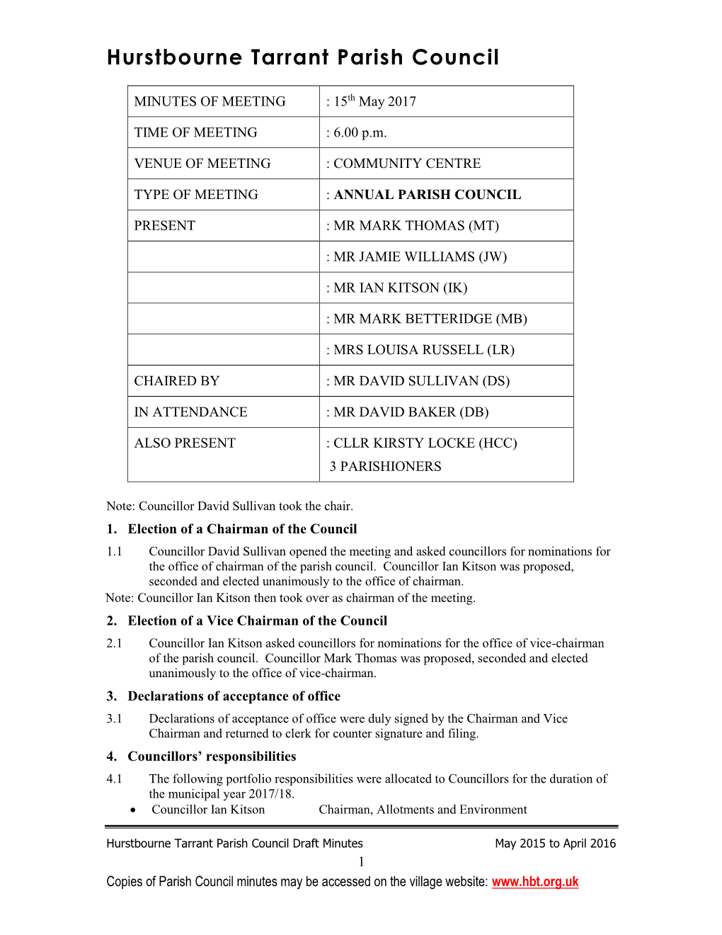 MINUTES of MEETING : 15Th May 2017