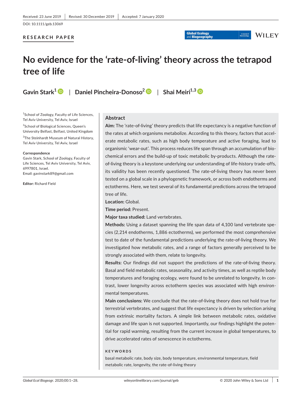 No Evidence for the 'Rate-Of-Living' Theory Across the Tetrapod Tree of Life