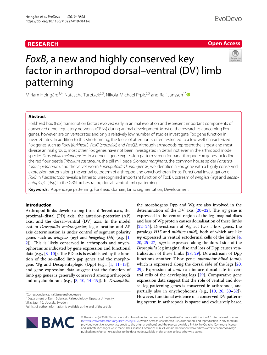 Foxb, a New and Highly Conserved Key Factor in Arthropod Dorsal–Ventral (DV) Limb Patterning