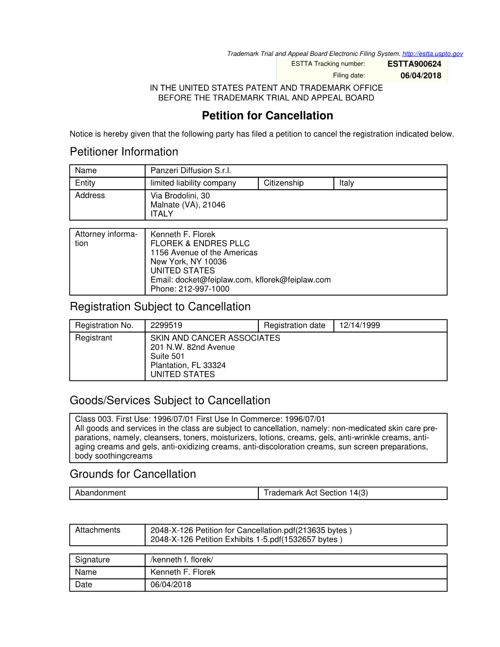 Petition for Cancellation Petitioner Information Registration Subject to Cancellation Goods/Services Subject to Cancellation