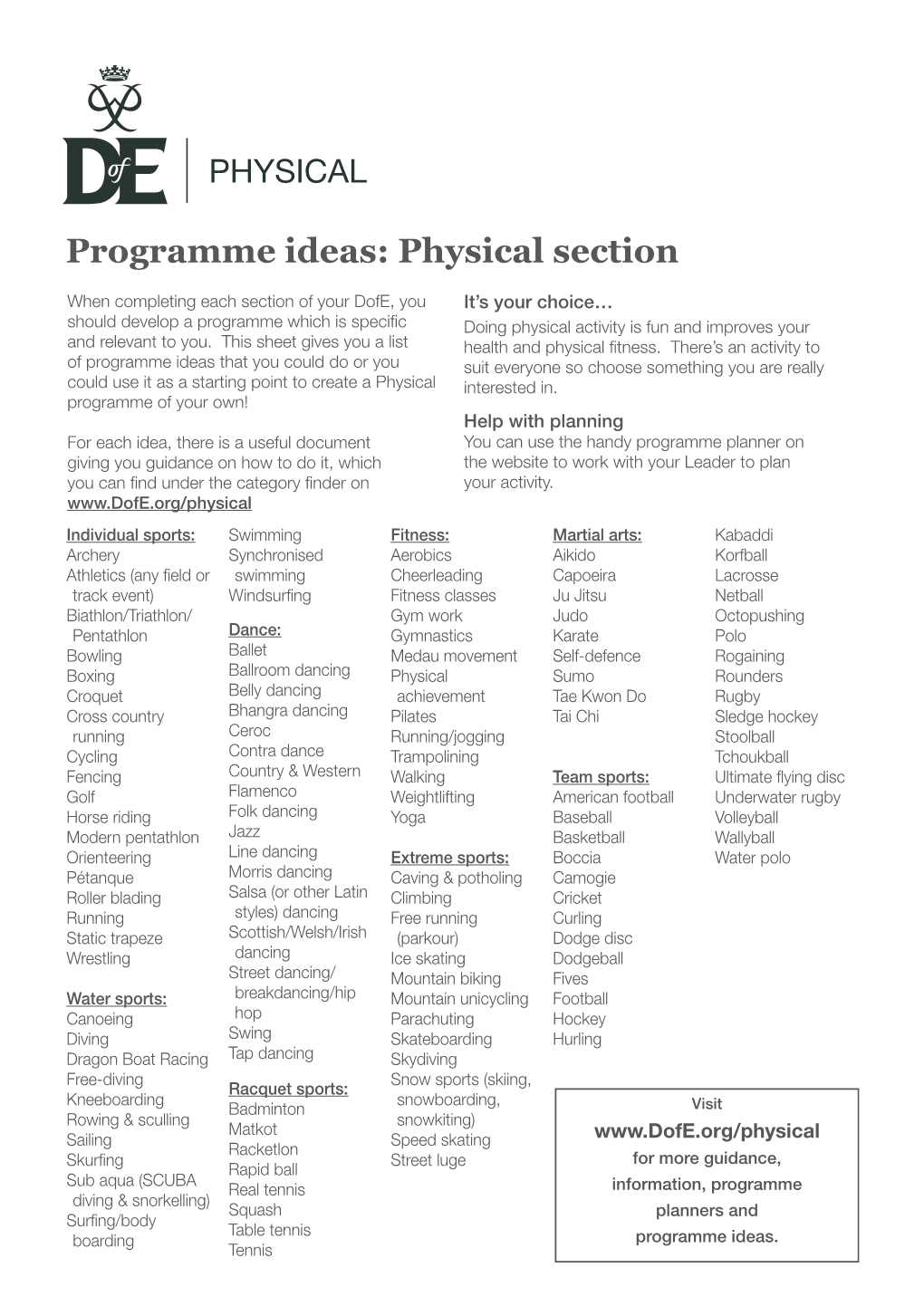 Programme Ideas: Physical Section