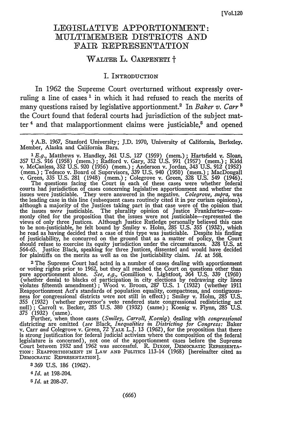 Legislative Apportionment: Multimember Districts and Fair Representation Waltfr L