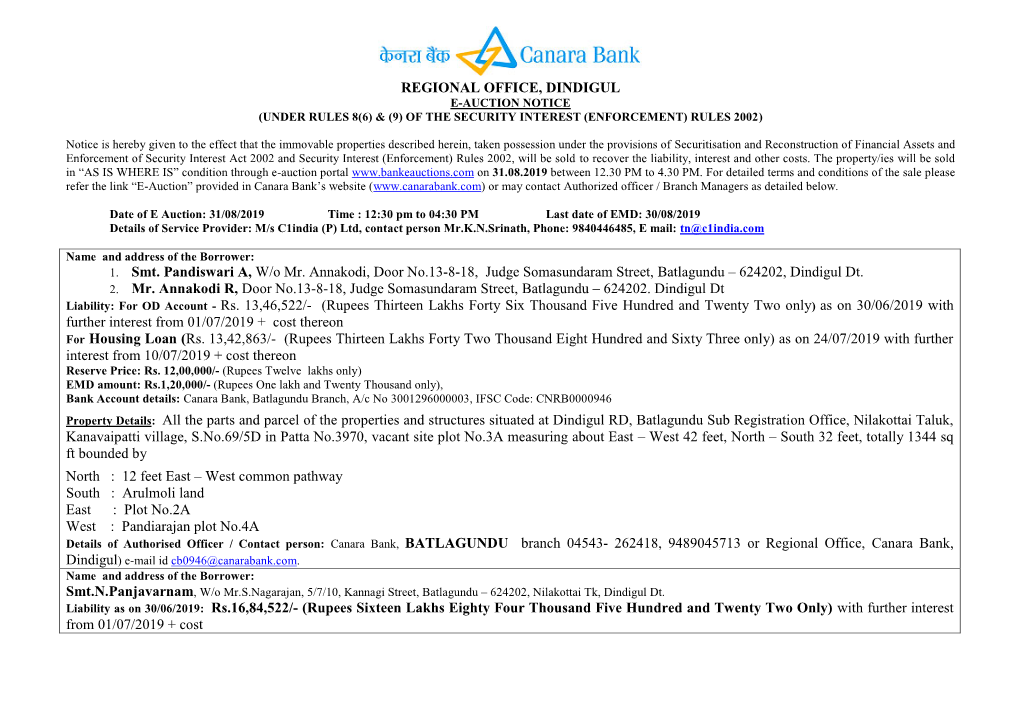 Regional Office, Dindigul E-Auction Notice (Under Rules 8(6) & (9) of the Security Interest (Enforcement) Rules 2002)