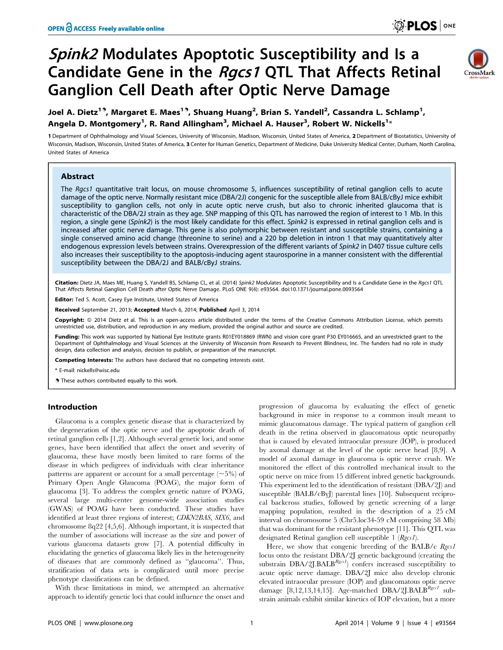 Spink2 Modulates Apoptotic Susceptibility and Is a Candidate Gene in the Rgcs1 QTL That Affects Retinal Ganglion Cell Death After Optic Nerve Damage