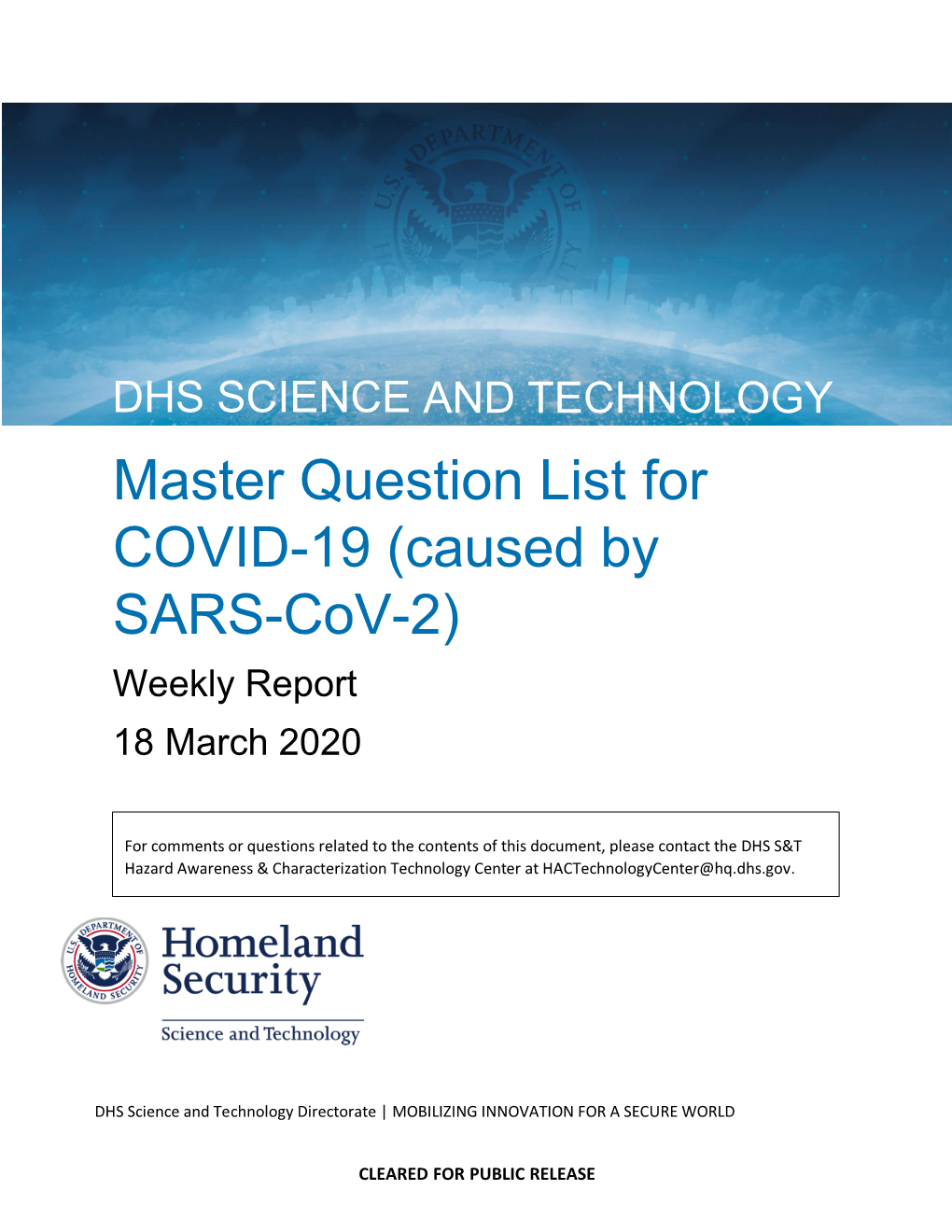 Master Question List for COVID-19 (Caused by SARS-Cov-2) Weekly Report 18 March 2020