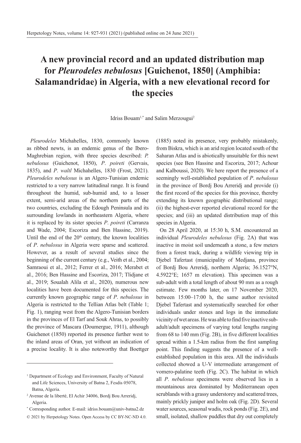 Guichenot, 1850] (Amphibia: Salamandridae) in Algeria, with a New Elevational Record for the Species