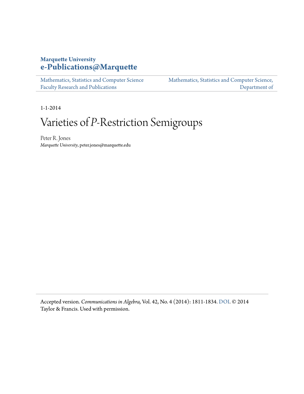 Restriction Semigroups Peter R