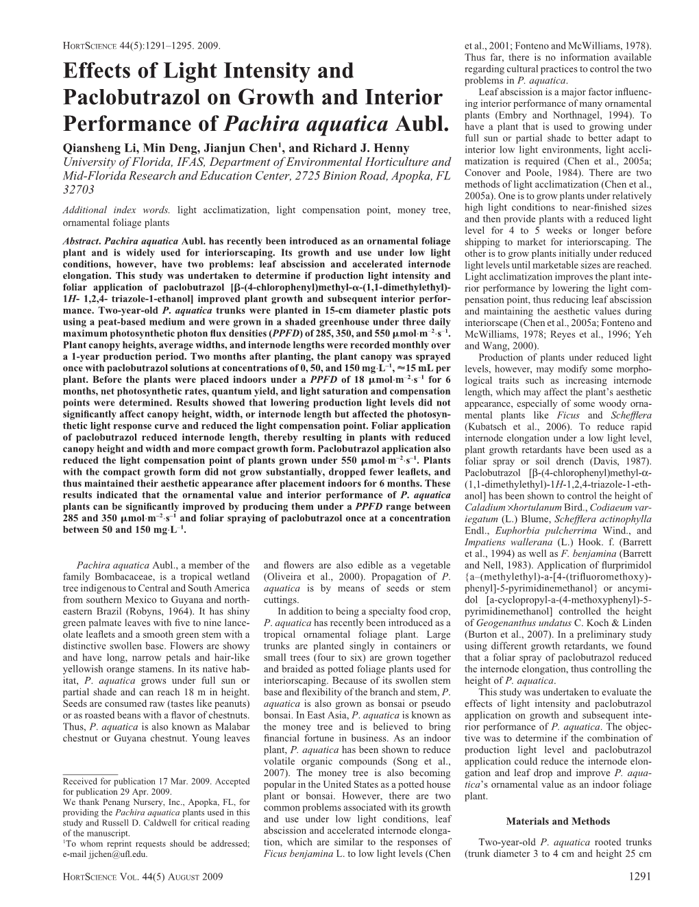 Effects of Light Intensity and Paclobutrazol on Growth And