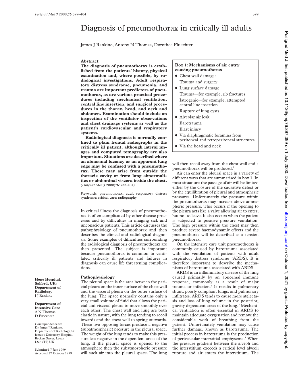 Diagnosis of Pneumothorax in Critically Ill Adults Postgrad Med J: First Published As 10.1136/Pmj.76.897.399 on 1 July 2000