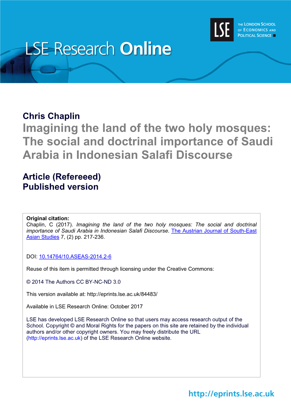 Imagining the Land of the Two Holy Mosques: the Social and Doctrinal Importance of Saudi Arabia in Indonesian Salafi Discourse