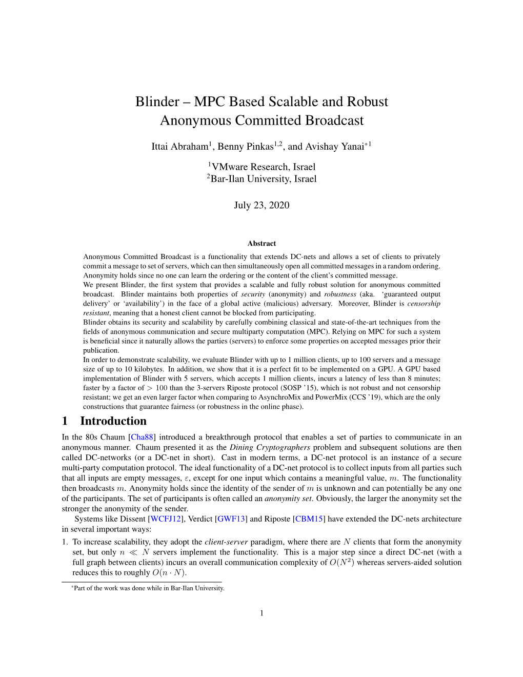 Blinder – MPC Based Scalable and Robust Anonymous Committed Broadcast
