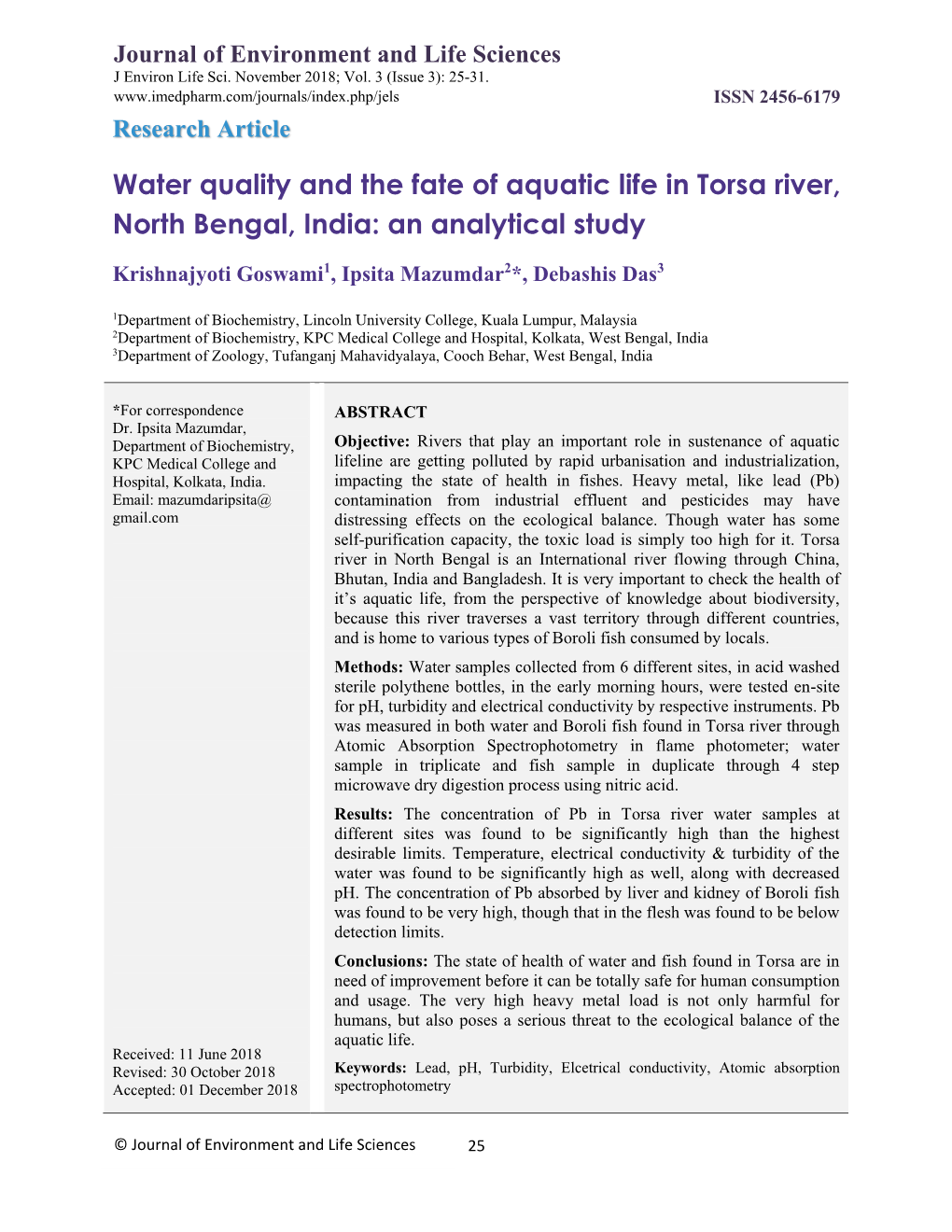 Water Quality and the Fate of Aquatic Life in Torsa River, North Bengal, India: an Analytical Study