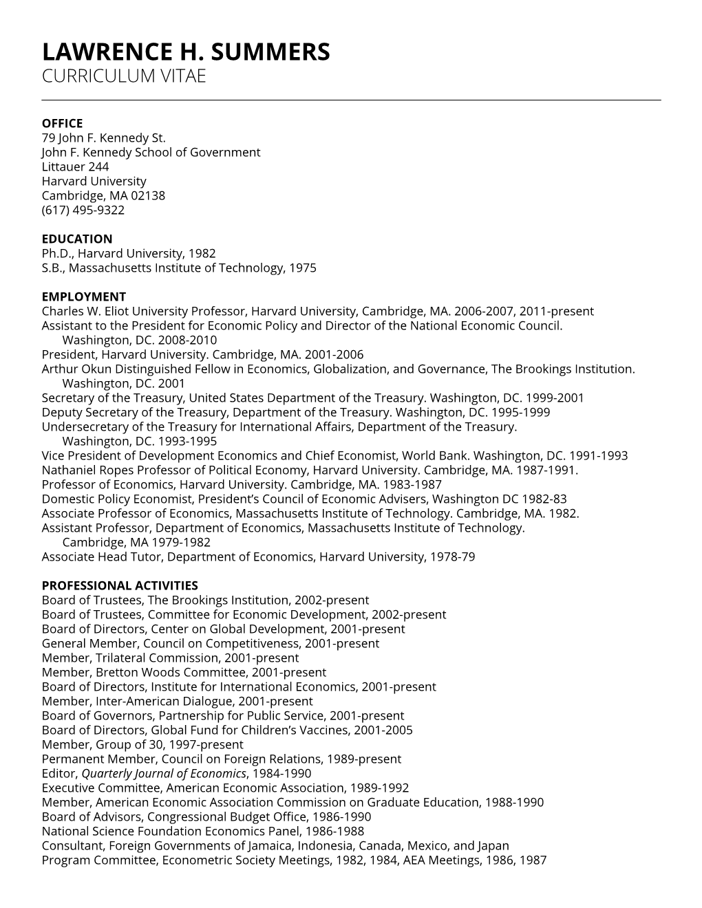 Lawrence H. Summers Curriculum Vitae