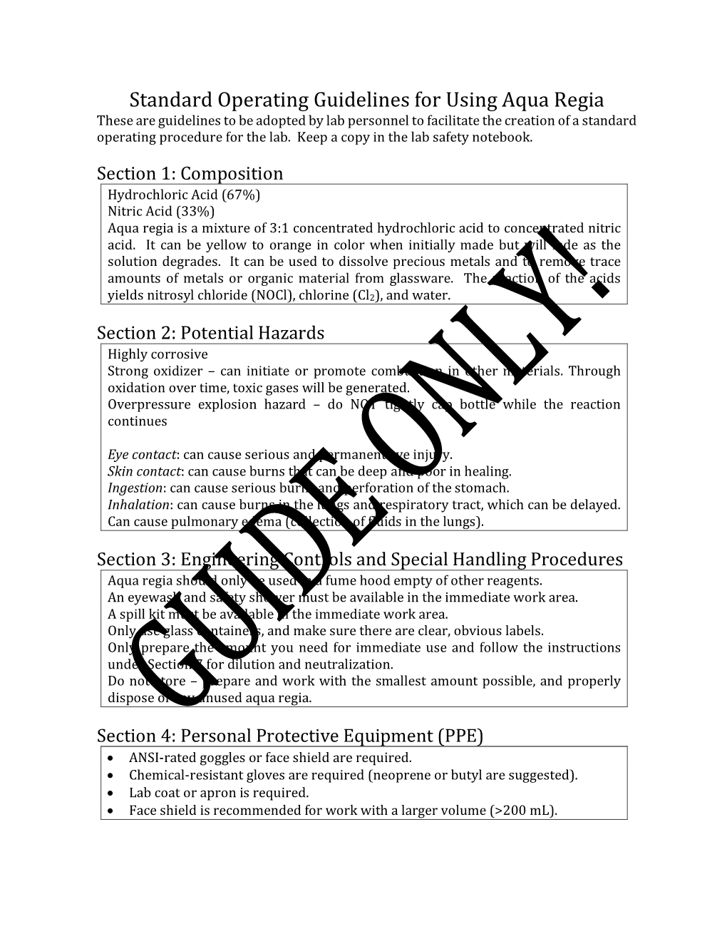 Standard Operating Guidelines for Using Aqua Regia