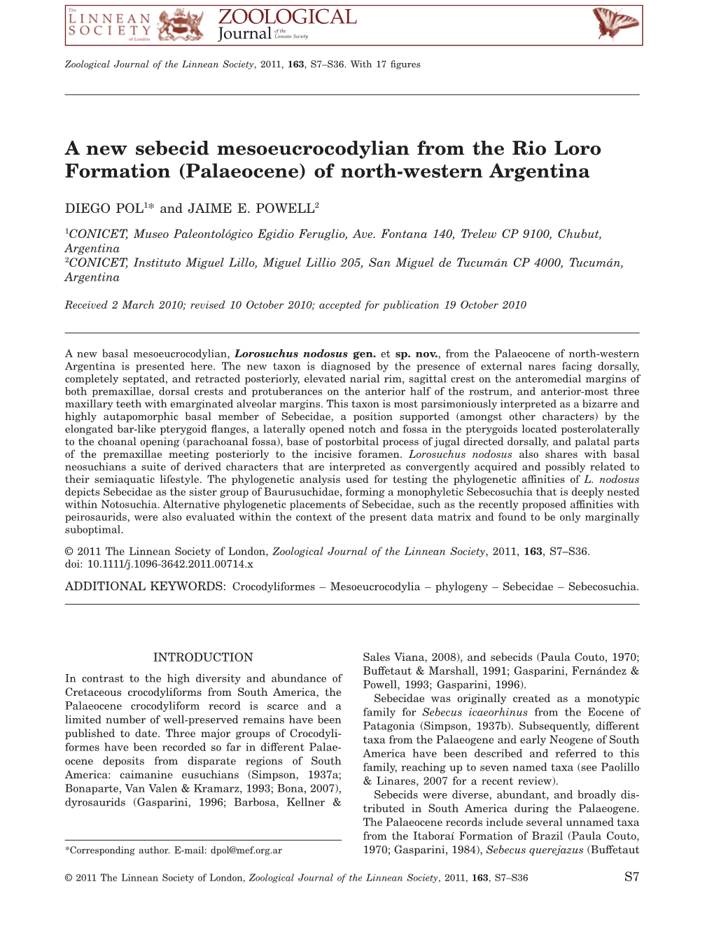 A New Sebecid Mesoeucrocodylian from the Rio Loro Formation (Palaeocene) of North-Western Argentina