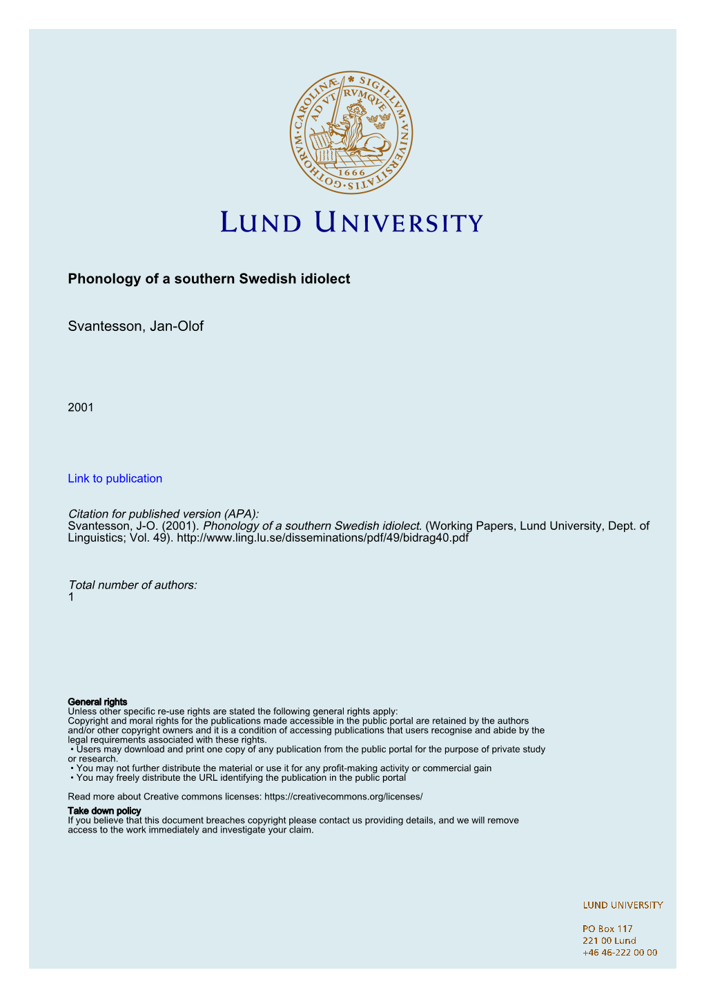 Phonology of a Southern Swedish Idiolect Svantesson, Jan-Olof