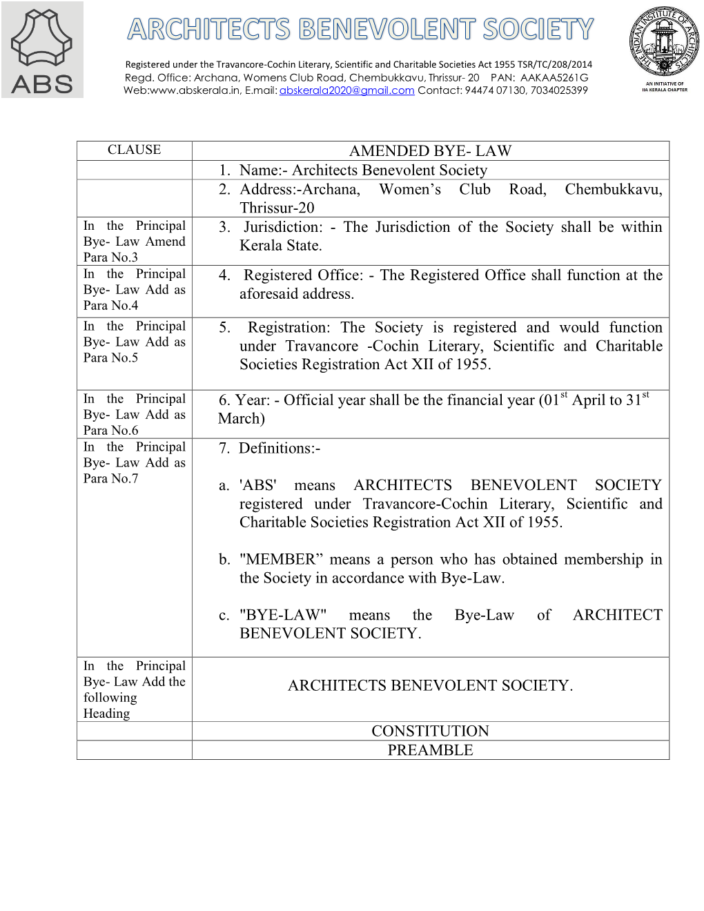 AMENDED BYE- LAW 1. Name:- Architects Benevolent Society 2. Address:-Archana, Women's Club Road, Chembukkavu, Thrissur-20 3. J
