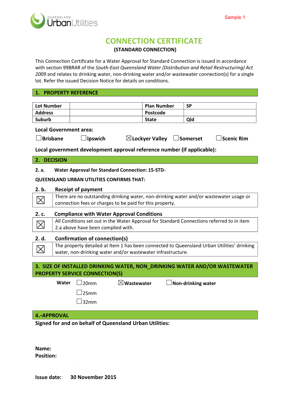 QUU Connection Certificates