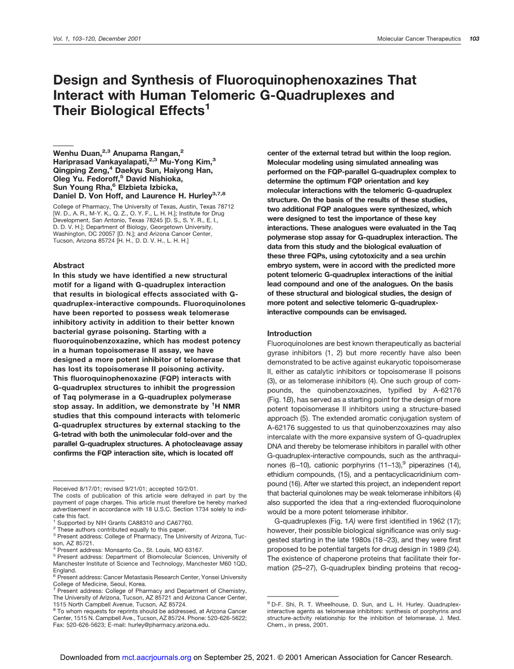 Design and Synthesis of Fluoroquinophenoxazines That Interact with Human Telomeric G-Quadruplexes and Their Biological Effects1