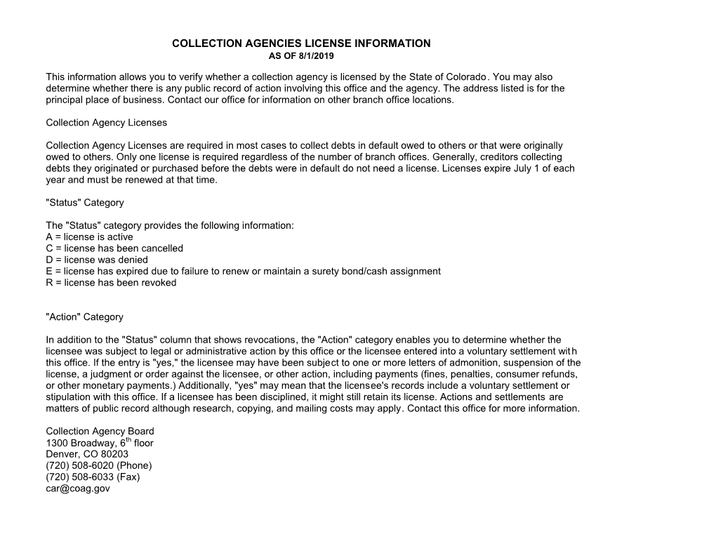 Collection Agencies License Information As of 8/1/2019