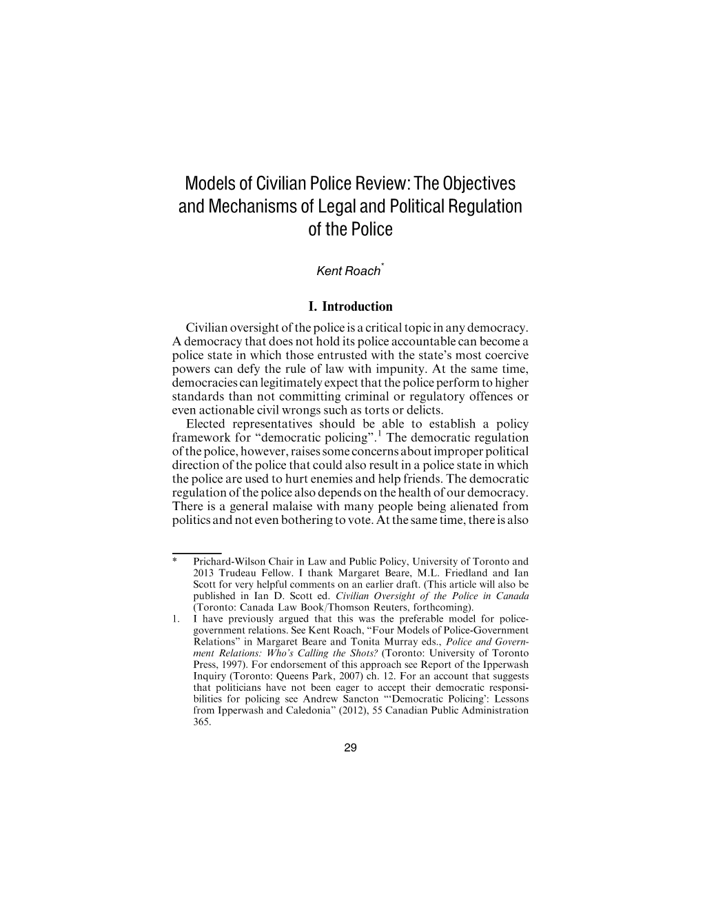 Models of Civilian Police Review: the Objectives and Mechanisms of Legal and Political Regulation of the Police