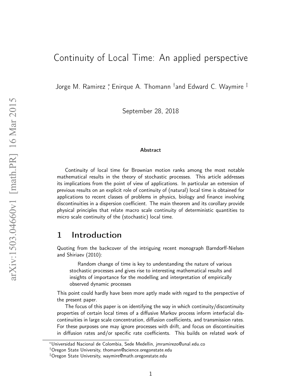 Continuity of Local Time: an Applied Perspective Arxiv:1503.04660V1