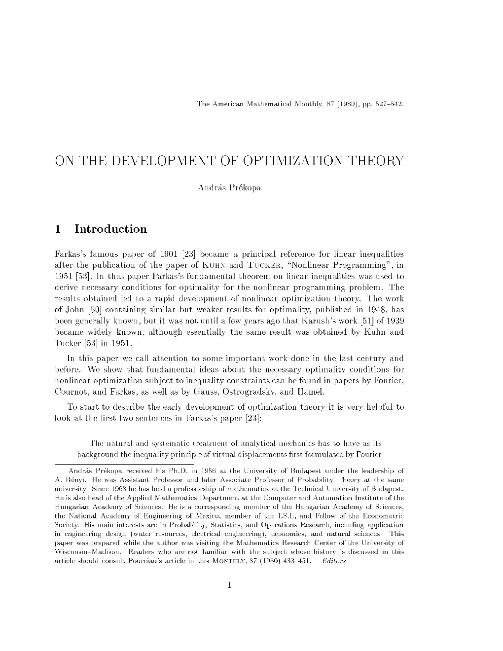 On the Development of Optimization Theory