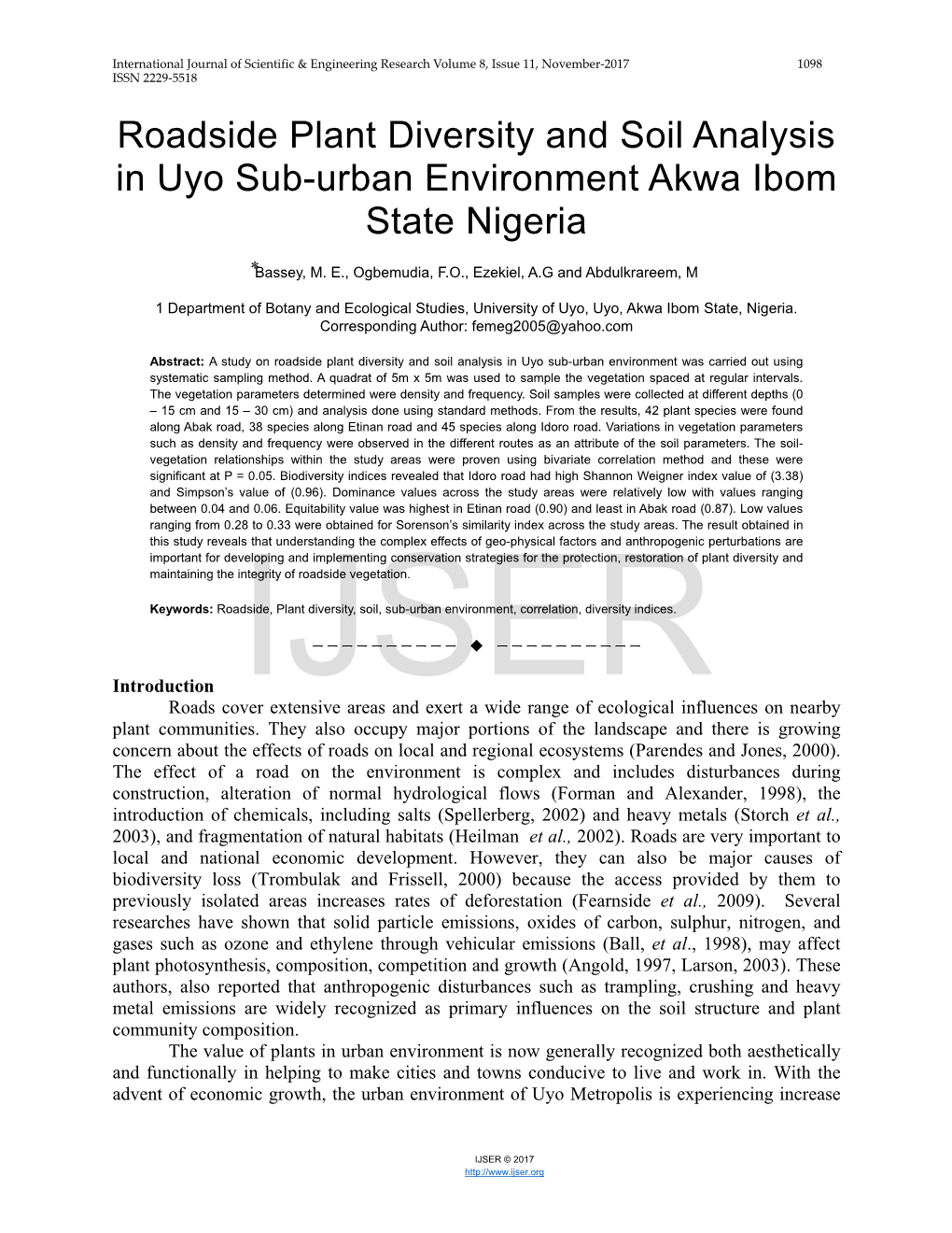 Roadside Plant Diversity and Soil Analysis in Uyo Sub-Urban Environment Akwa Ibom State Nigeria