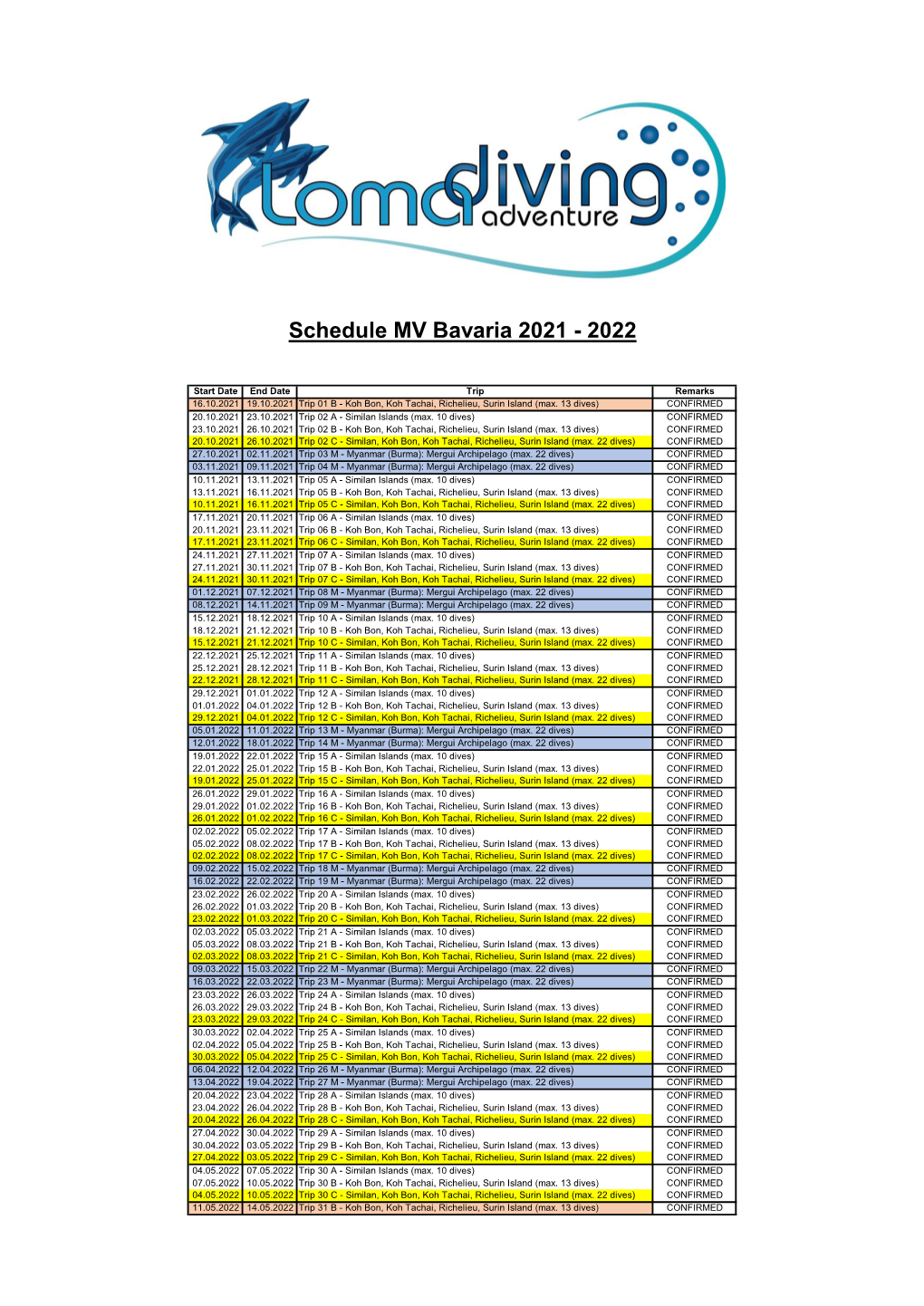 Schedule MV Bavaria 2021 - 2022