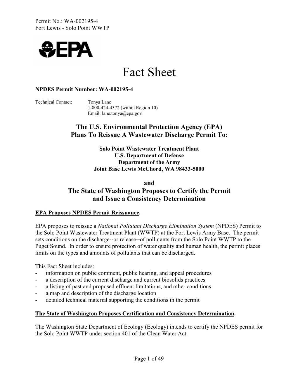 Fact Sheet for the NPDES Permit for the JBLM Solo Point WWTP