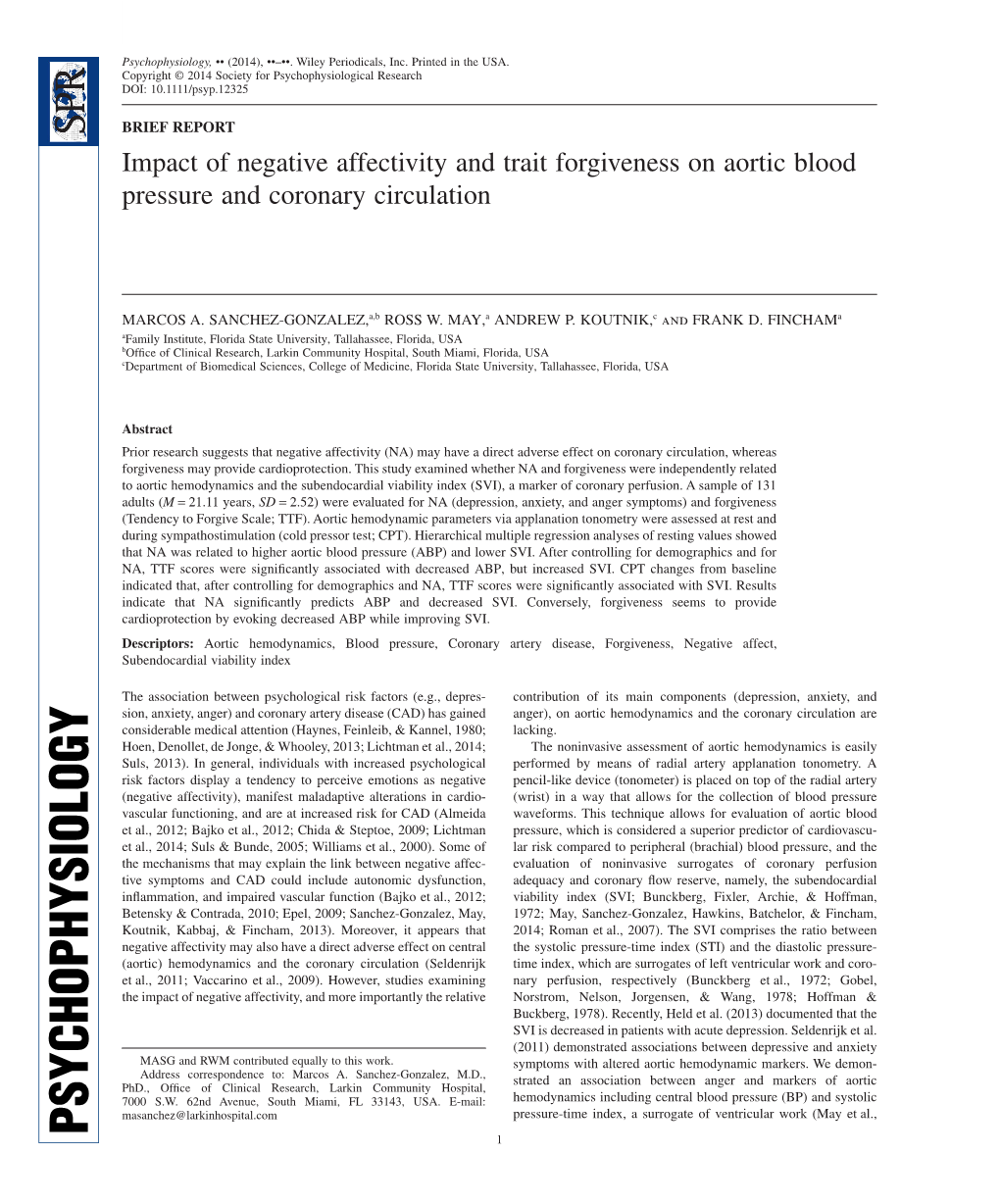 Impact of Negative Affectivity and Trait Forgiveness on Aortic Blood Pressure and Coronary Circulation