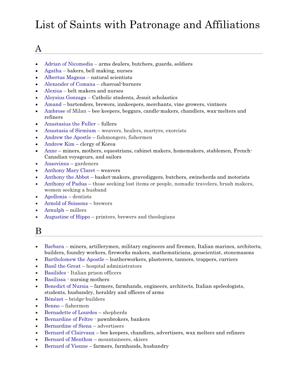 List of Saints with Patronage and Affiliations