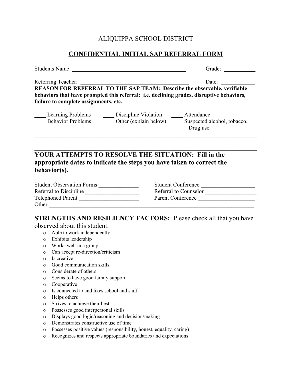 Confidential Initial Sap Referral Form