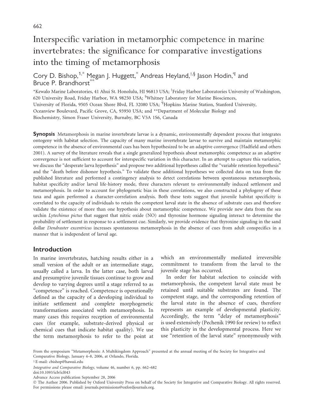 Interspecific Variation in Metamorphic Competence in Marine Invertebrates: the Significance for Comparative Investigations Into the Timing of Metamorphosis Cory D