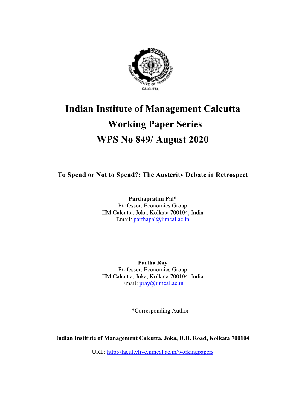 Indian Institute of Management Calcutta Working Paper Series WPS No 849/ August 2020
