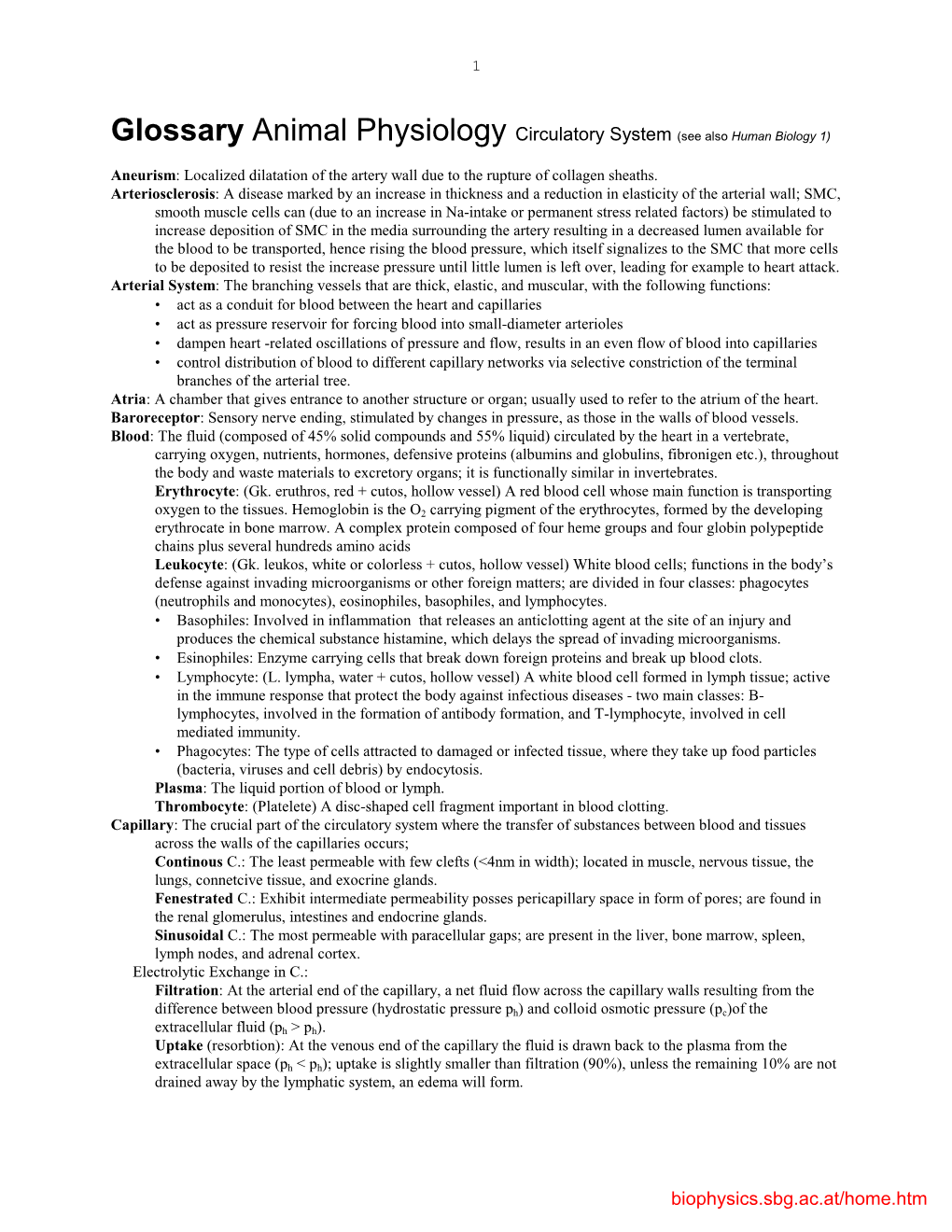 Glossary Animal Physiology Circulatory System (See Also Human Biology 1)