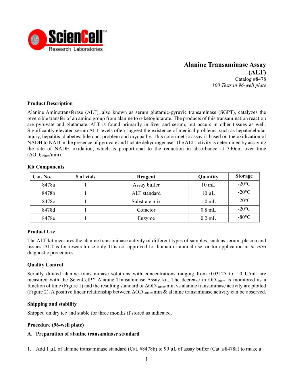 Alanine Transaminase Assay (ALT) Catalog #8478 100 Tests in 96-Well Plate