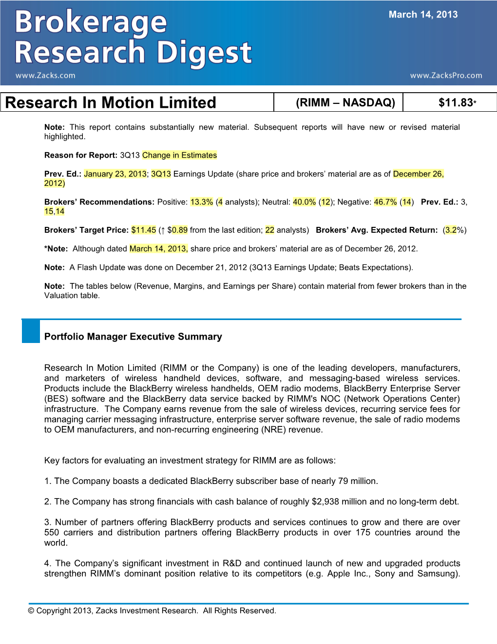 Reason for Report: 3Q13 Change in Estimates