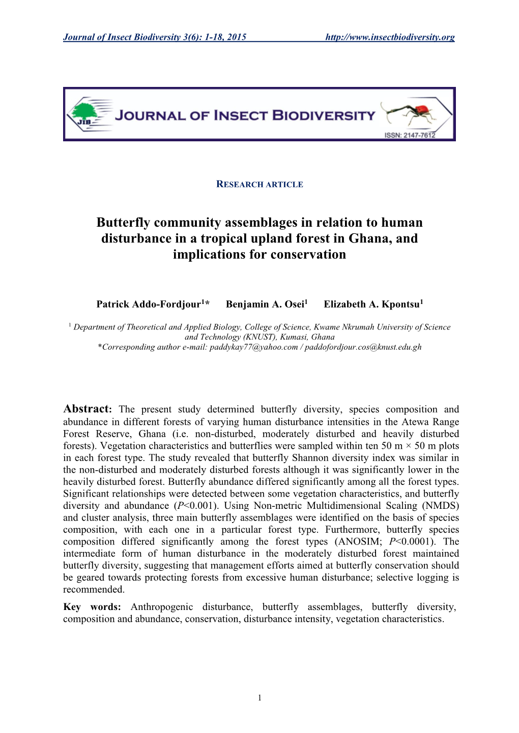 Butterfly Community Assemblages in Relation to Human Disturbance in a Tropical Upland Forest in Ghana, and Implications for Conservation