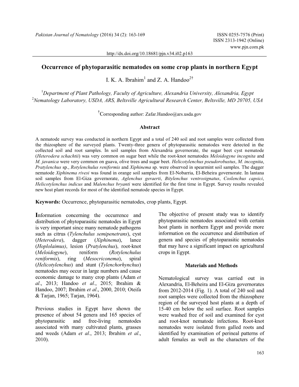 Occurrence of Phytoparasitic Nematodes on Some Crop Plants in Northern Egypt