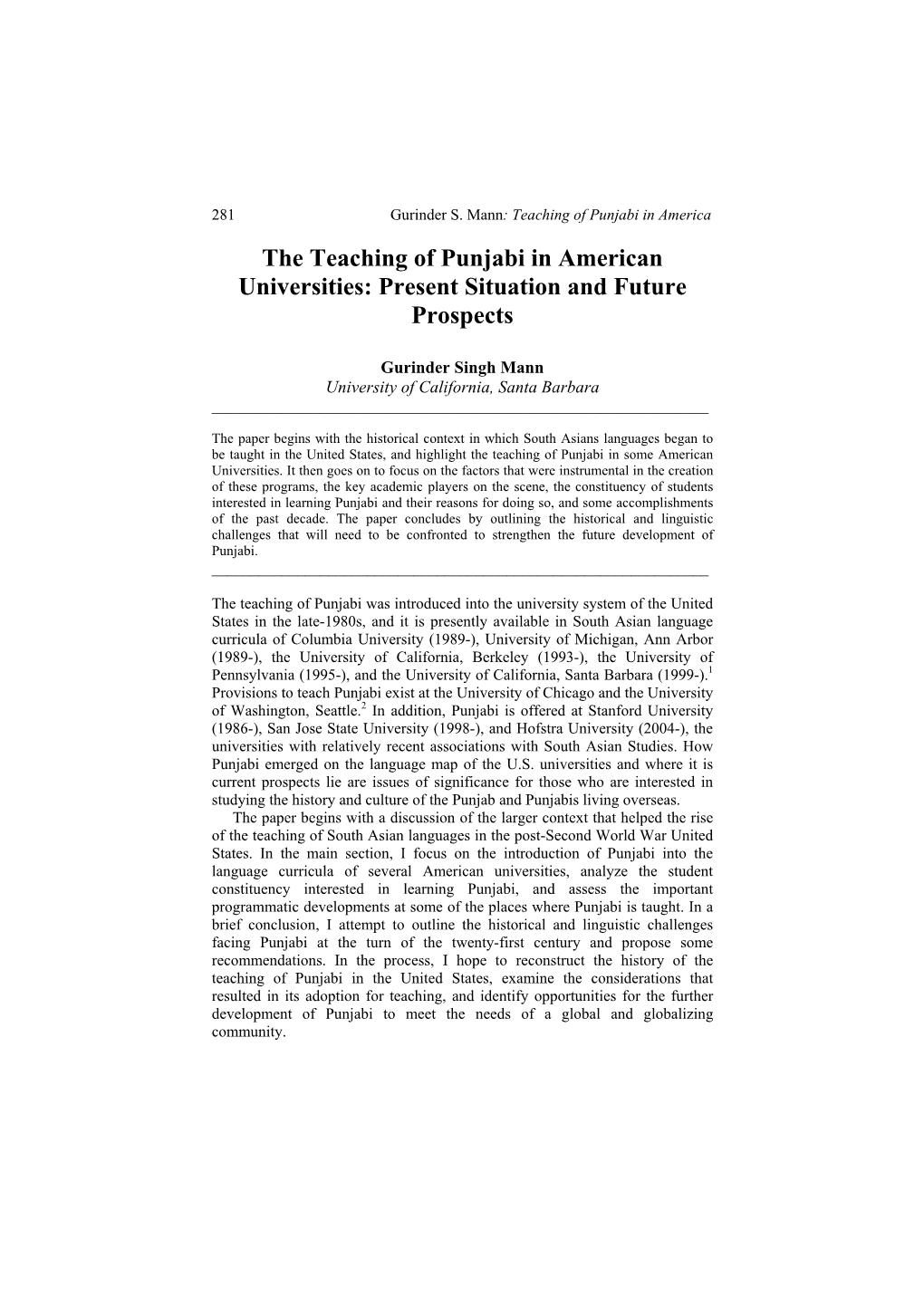 The Teaching of Punjabi in American Universities: Present Situation and Future Prospects