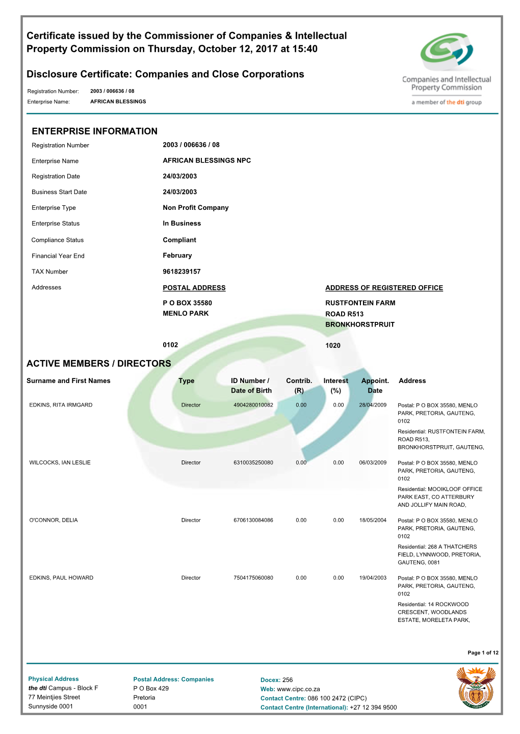 Certificate Issued by the Commissioner of Companies & Intellectual Property Commission on Thursday, October 12, 2017 at 15:40