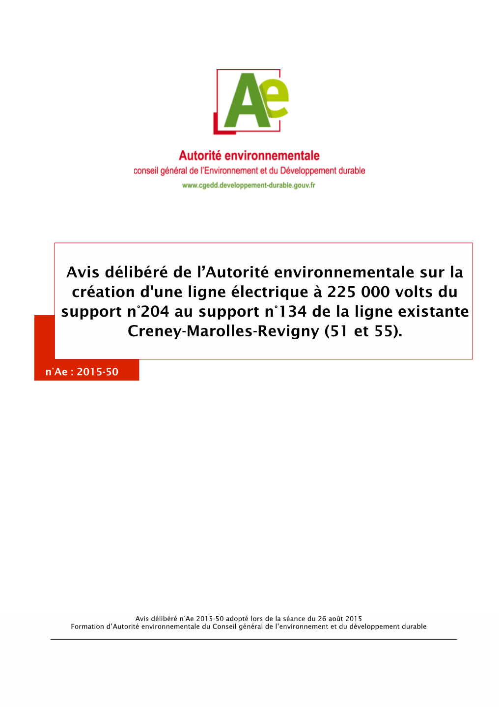 Avis Délibéré De L'autorité Environnementale Sur La Création D