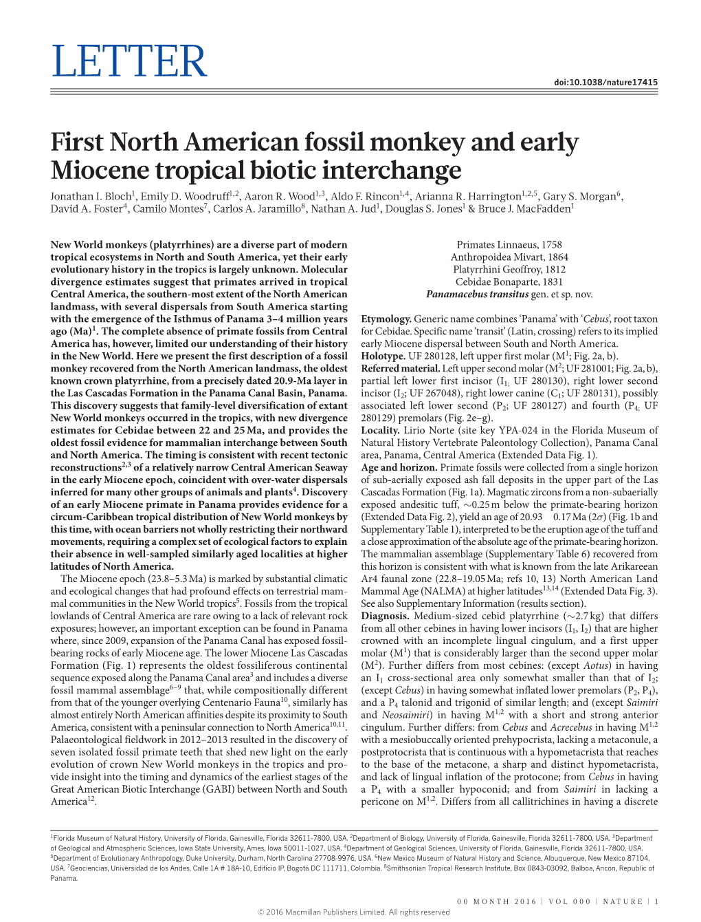 First North American Fossil Monkey and Early Miocene Tropical Biotic Interchange Jonathan I